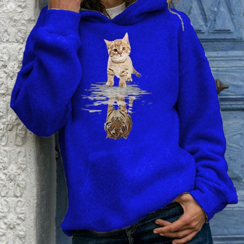 Women Cute Cat Graphic Print Long Sleeve Casual Pullover Hoodie