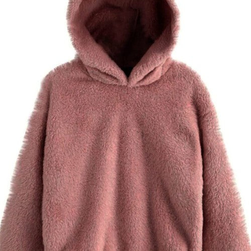 Women Fluffy Rabbits Ears Solid Cartoon Cute Hooded Patchwork Long Sleeve Casual Sweatshirt