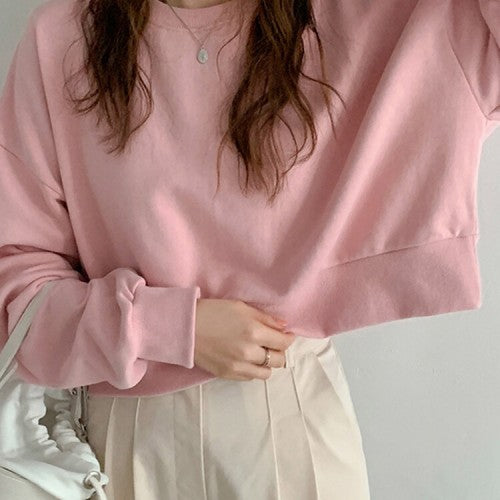 Women Long Sleeve Solid Round Necked Narrow Hem Pullover Sweatshirt