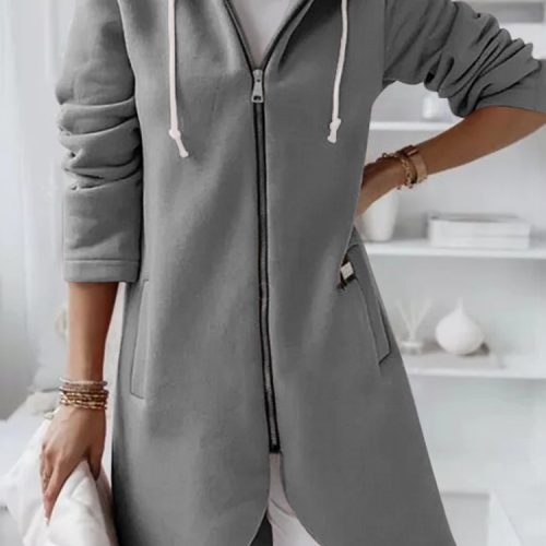 Women Solid Color Side Pocket Asymmertrical Hem Hoodie With Front Zipper