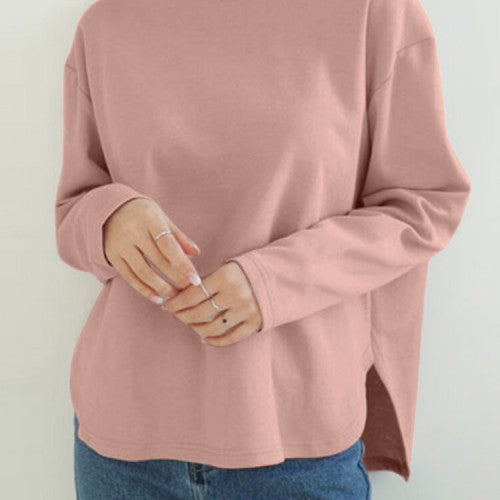 Women Long Sleeve Loose Solid Side Fork High Low Casual Pullover Sweatshirt