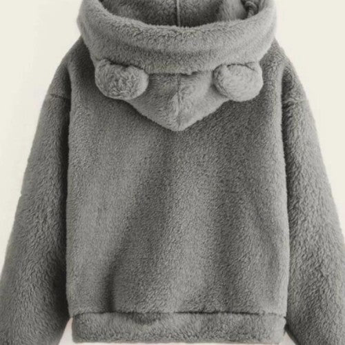 Women Fluffy Rabbits Ears Solid Cartoon Cute Hooded Patchwork Long Sleeve Casual Sweatshirt