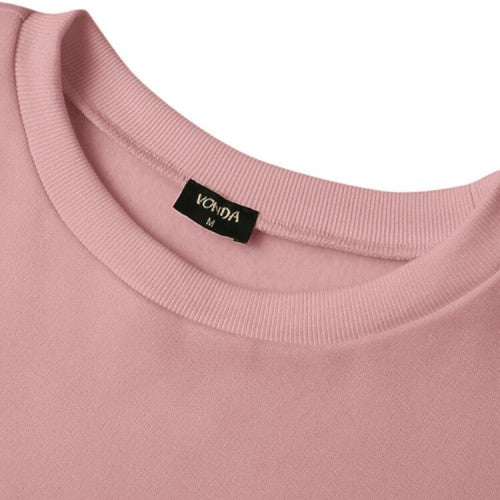 Women Long Sleeve Solid Round Necked Narrow Hem Pullover Sweatshirt