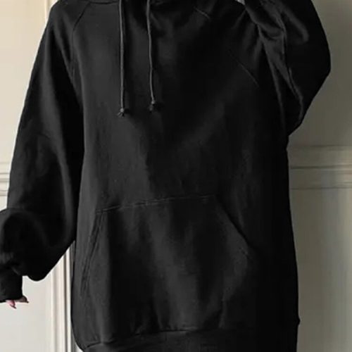 Women Loose Pocket Raglan Solid Color Long Sleeve Casual Hooded Sweatshirt