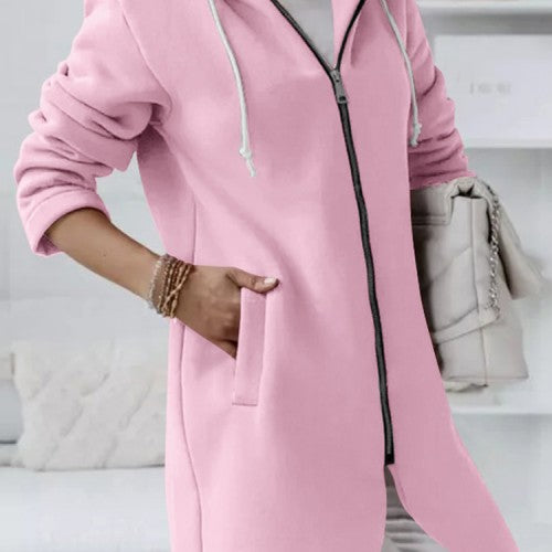 Women Solid Color Side Pocket Asymmertrical Hem Hoodie With Front Zipper