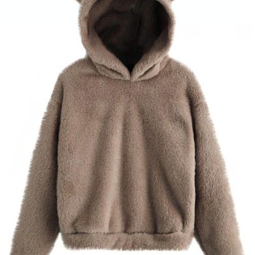 Women Fluffy Rabbits Ears Solid Cartoon Cute Hooded Patchwork Long Sleeve Casual Sweatshirt