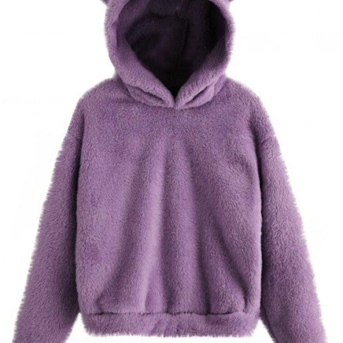 Women Fluffy Rabbits Ears Solid Cartoon Cute Hooded Patchwork Long Sleeve Casual Sweatshirt