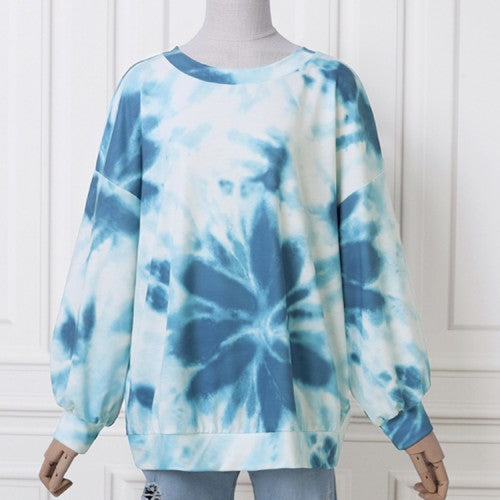 OOTD Women Tie Dye Printing Puff Sleeve Fashion European Loose Sweatshirt