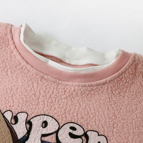 Cartoon Print Stitching Hem Teddy Round Neck Casual Cute Sweatshirt
