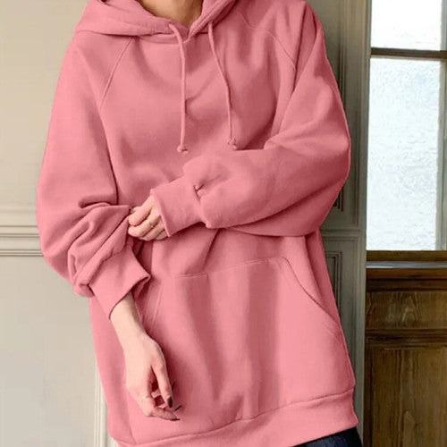 Women Loose Pocket Raglan Solid Color Long Sleeve Casual Hooded Sweatshirt