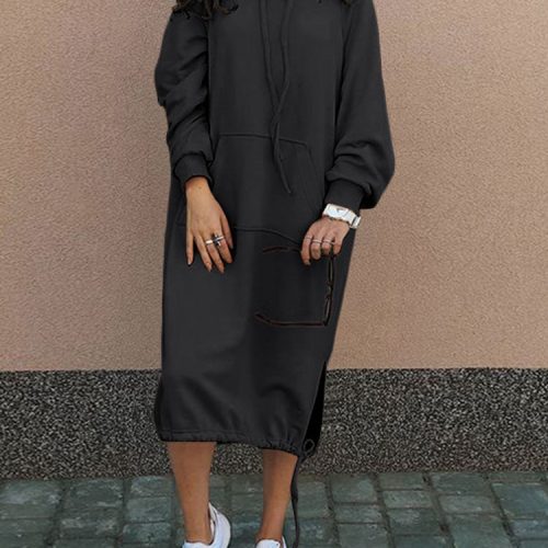 Women Solid Simple Daily Drawstring Calf Length Hoodie with Pocket