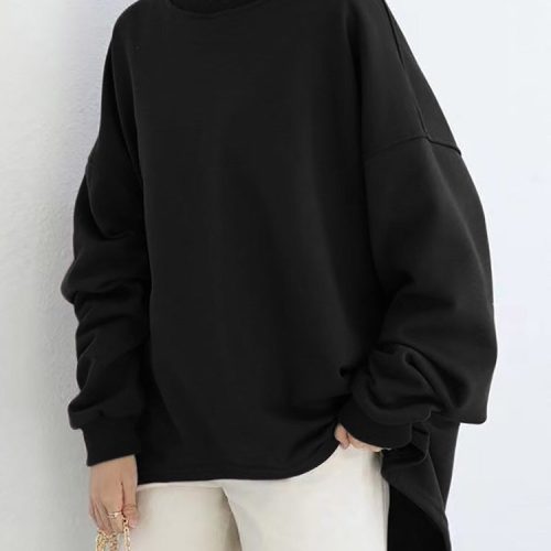 Women Loose Thick Back Fork High Low Solid Casual Pullover Sweatshirt