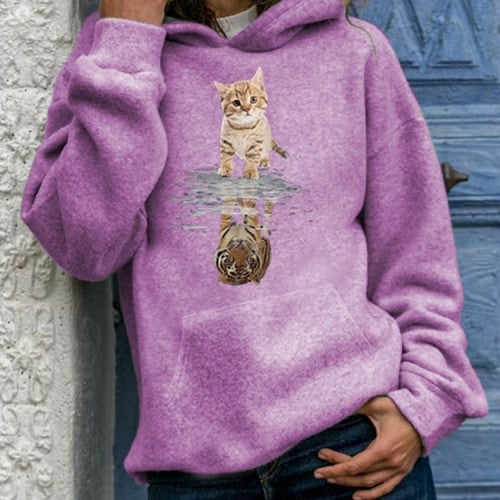 Women Cute Cat Graphic Print Long Sleeve Casual Pullover Hoodie