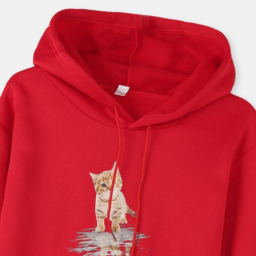 Women Cute Cat Graphic Print Long Sleeve Casual Pullover Hoodie