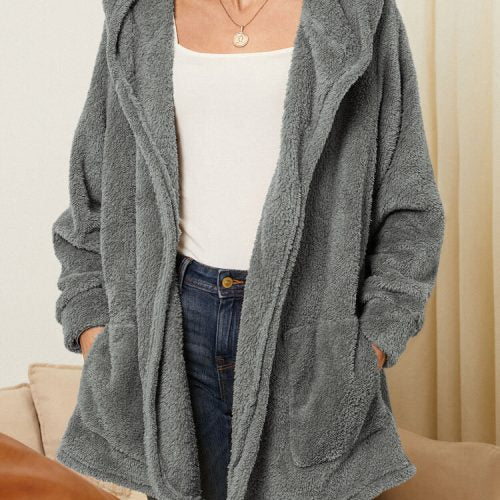Women Plush Coat Open Front Side Pockets Casual Hooded Sweatshirt
