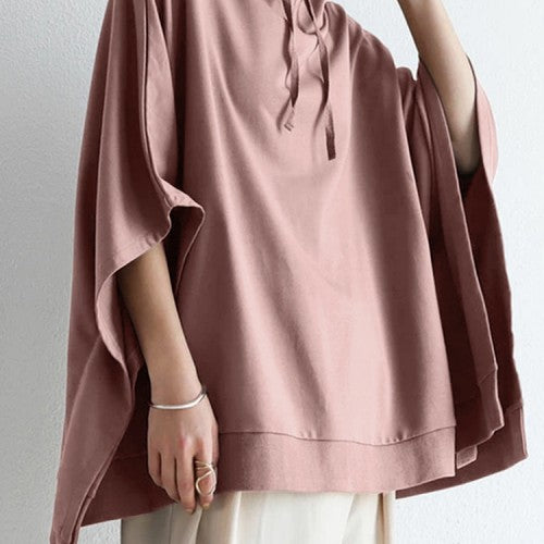 Women Solid Color Turtleneck Collar Dolman Sleeveless Retro Hooded Sweatshirt