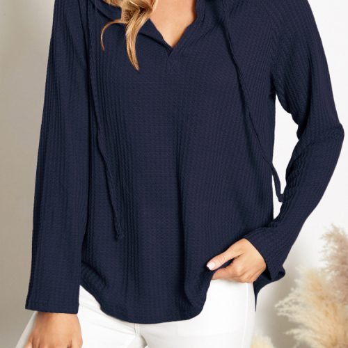 Women Solid Hood V-Neck Drawstring Vein Long Sleeve Hooded Sweatshirts