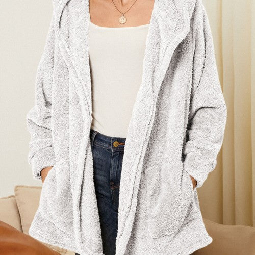Women Plush Coat Open Front Side Pockets Casual Hooded Sweatshirt